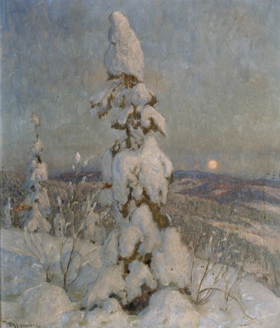 月明かりの下で雪に覆われたトウヒ (キャンバスに油彩) 作： Thorolf Holmboe