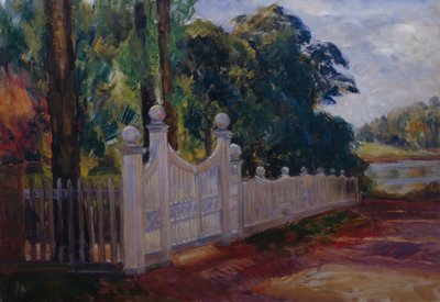 庭のフェンスと門のある夏の風景 作： Thorolf Holmboe