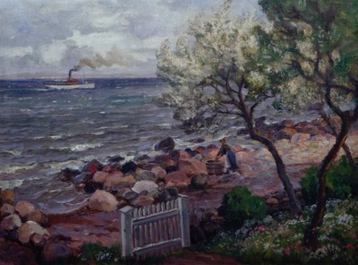 庭の門と女性のいる夏の風景（キャンバスに油彩） 作： Thorolf Holmboe