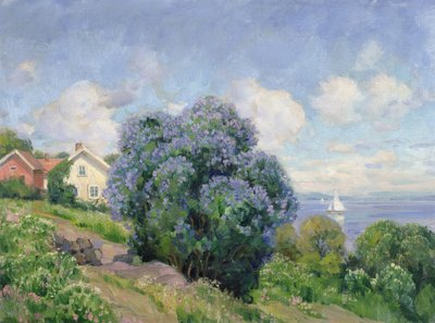 ライラックの茂み、家、帆船のある夏の風景（キャンバスに油彩） 作： Thorolf Holmboe