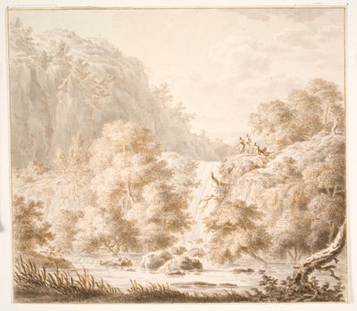 木々と滝のある山の風景、そして3人の人物 作： Thorsten Elias Hjaltelin