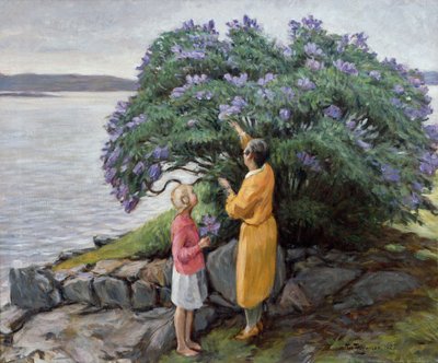 ライラックの茂みのそばの女性と子供 作： Thorvald Torgersen