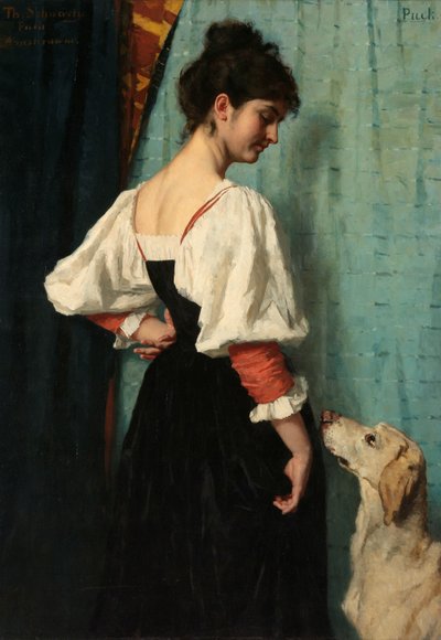 犬の「パック」を連れた若い女性のポートレート 犬のパックを持つ若いイタリア人女性 作： Thérèse Schwartze