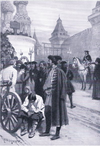 ピョートル大帝の命令によるシュトレーリッツの処刑、グレシャム出版のLandmarks in European Historyからのイラスト、1920年頃（リトグラフ 作： Thure de Thulstrup