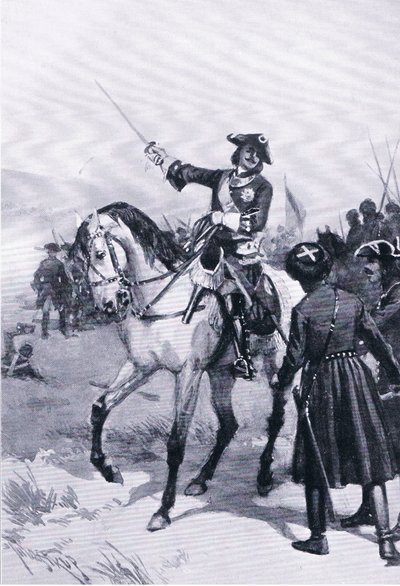 プルトワの戦いでのピョートル大帝、グレシャム出版のLandmarks in European Historyからのイラスト、1920年頃（リトグラフ版 作： Thure de Thulstrup