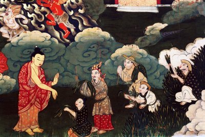 お供え物の草の束、お釈迦様の生涯の場面 作： Tibetan School
