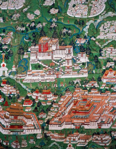 ラサの街とポタラ宮、彩色画 作： Tibetan School