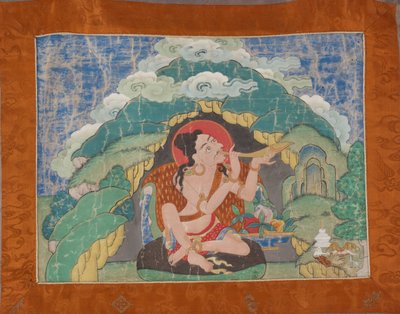 Mahasiddha Krishnacharya、タンカの部分的なセットから、19 世紀初頭 (サイズ綿に岩絵具、元のブロケードの台紙) 作： Tibetan School