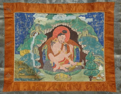マハシッダ ルイパ、タンカの部分セットから、19 世紀初頭 (サイズ綿に岩絵具、オリジナルのブロケードの台紙) 作： Tibetan School