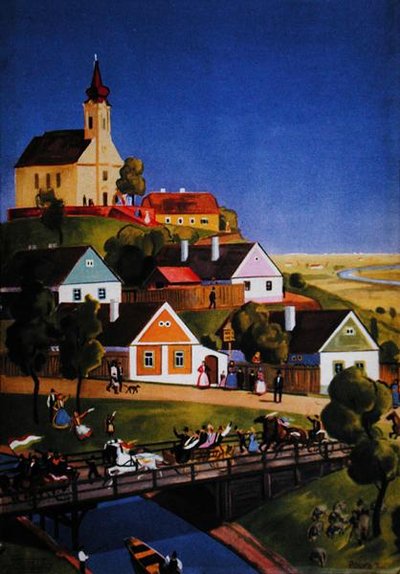 ハンガリーの典型的な村、観光パンフレットのイラスト、1930〜40年頃（カラーリトグラフ 作： Tibor Polya