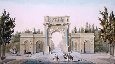 ブリュッセルのギョーム門、ピエール・ジャック・ゲッヘッビュールの「Choix des Monuments, Edifices et Maisons les plus remarquables du Royaume des Pays-Bas」より、著者が彫ったもので、1827年に出版された（アクアチント）。 作： Tilman Francois (after) Suys
