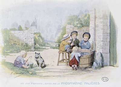 子供の遊び：バケツで釣りをする遊び-デス・ド・ロブリション、フォスファティンファリエス編、v.1920 作： Timoleon Marie Lobrichon