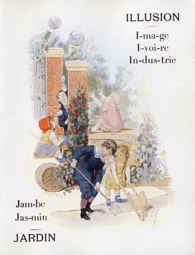 庭の子供たちを表すIとJの文字 19世紀後半（クロモリトグラフ 作： Timoleon Marie Lobrichon