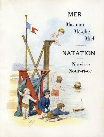海辺の子供たちを表すMとNの文字 19世紀後半（クロモリトグラフ 作： Timoleon Marie Lobrichon