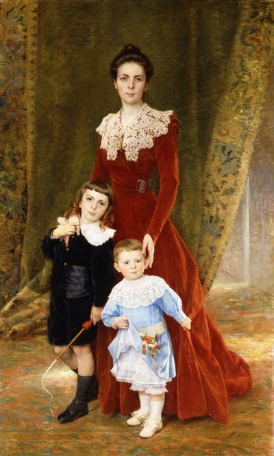 子供と一緒に全身を立てて立つ女性の肖像画 作： Timoleon Marie Lobrichon