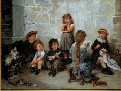 The thrilling passage 本を聴く子供たち。ティモレオン・ロブリション（1831-1914）の絵画 19世紀個人蔵 作： Timoleon Marie Lobrichon