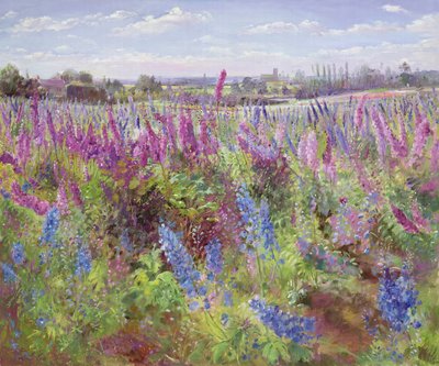 デルフィニウム畑と教会 作： Timothy Easton