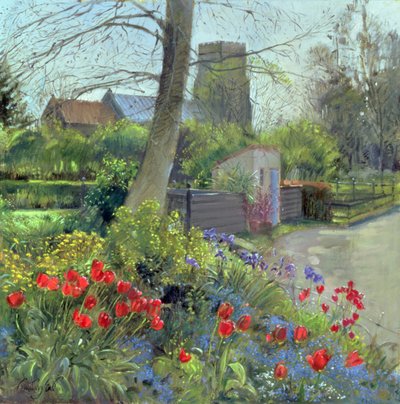 赤いチューリップとベッドフィールド教会（油彩・キャンバス 作： Timothy Easton