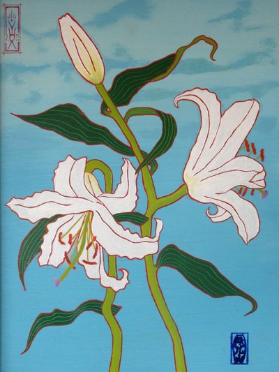 青地に白百合, 2010, 木に油彩 作： Timothy Nathan Joel
