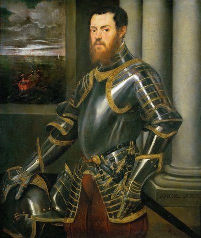 金の装飾が施された鎧の男の肖像 作： Tintoretto