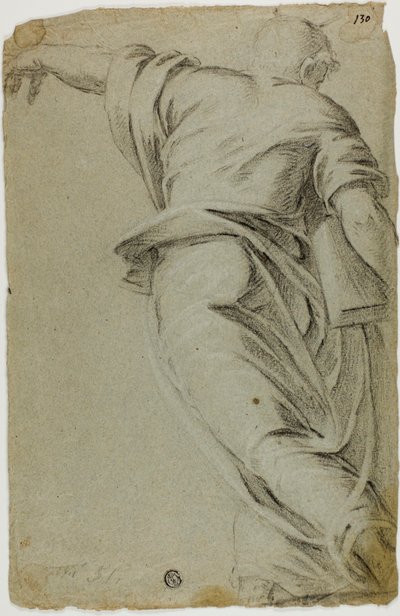左手で指さしながら左に大股で歩くモーセ 作： Tintoretto