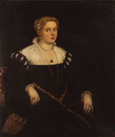 マンドリンを持っている女性の肖像画、4分の3の長さ 作： Tintoretto