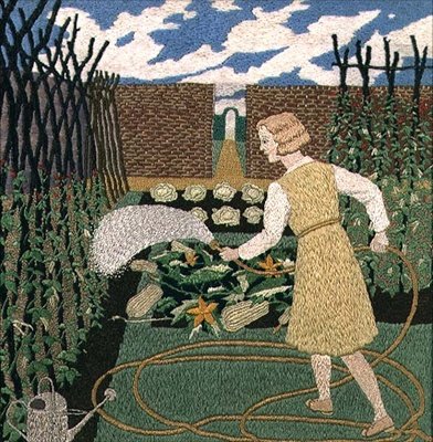 庭に水をやる女性（針仕事） 作： Tirzah Ravilious