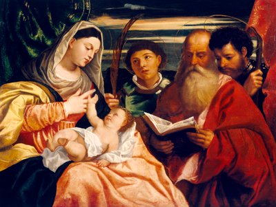 聖人スティーブン、ジェローム、モーリスとマドンナと子供（キャンバスに油彩） 作： Titian (c.1488 1576) (after)