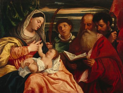 聖人スティーブン、ジェローム、モーリスとマドンナと子供（キャンバスに油彩） 作： Titian (c.1488 1576) (after)