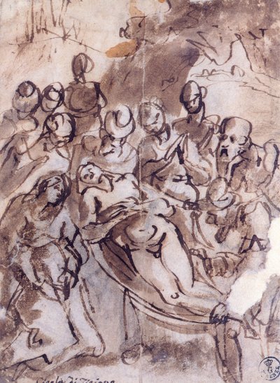 ティツィアーノ（1490年頃～1576年頃）の「デポジション」、ドローイング 作： Titian (c.1488 1576)
