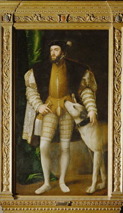 皇帝カール5世と犬...（キャンバスに描かれた絵） 作： Titian (c.1488-1576)