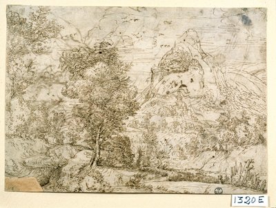 鳥の飛ぶ風景（紙にインク） 作： Titian (c.1488 1576)