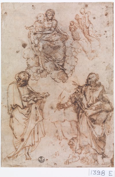 雲の上に座る聖母子と聖人または使徒たち（紙にペン・インク） 作： Titian (c.1488 1576)