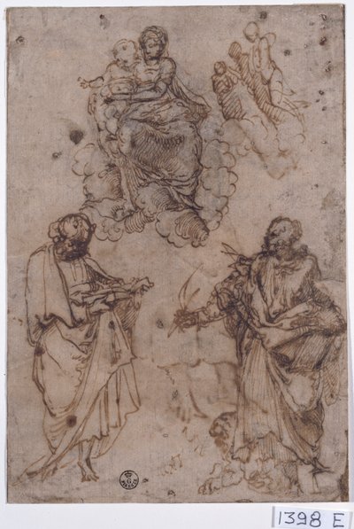 雲の上に座る聖母子と聖人または使徒たち（紙にペン・インク） 作： Titian (c.1488 1576)