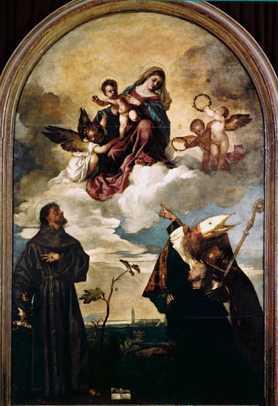 栄光の聖母と子、聖フランチェスコとアルヴィーズ、寄贈者ルイジ・ゴッツィ 作： Titian (c.1488 1576)