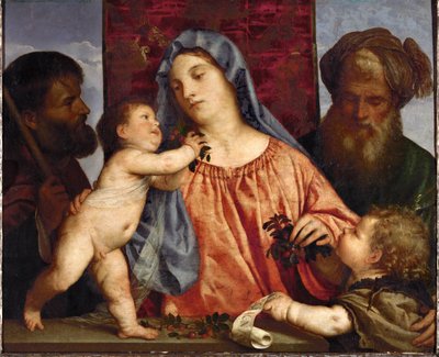 チェリーとマドンナ...（油彩・キャンバス） 作： Titian (c.1488-1576)