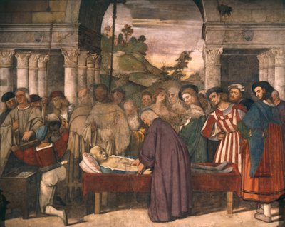 ティツィアーノ（1490年頃～1576年）作「パドヴァの聖アントニーの生涯の場面」の細部、フレスコ画、パドヴァの聖スクレッタ学校所蔵「囚人の心臓の奇跡 作： Titian (c.1488 1576)