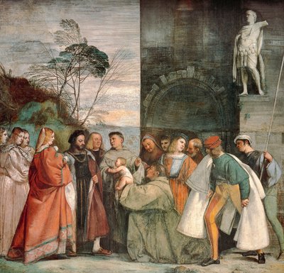 新生児の奇跡」、ティツィアーノ（約1490-1576）作「パドヴァの聖アンソニーの生涯の場面」の詳細、フレスコ画、パドヴァの聖スクレッタ学校蔵 作： Titian (c.1488 1576)