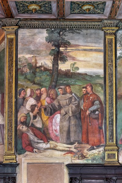 聖アントニウスが若い男に足を再び取り付ける、聖者の学校（フレスコ画） 作： Titian (c.1488 1576)