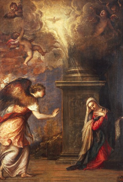 ティツィアーノ（約1490-1576）作「受胎告知」、ナポリのサン・ドメニコ・マッジョーレ教会より、油彩・キャンバス、280x210cm 作： Titian (c.1488 1576)