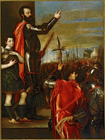 兵士たちに挨拶するヴァスト侯爵...（キャンバスに描かれた絵） 作： Titian (c.1488-1576)