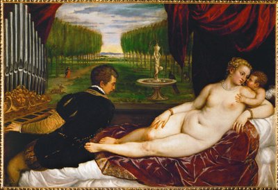 ヴィーナスとキューピッドとオルガニスト...（キャンバスに描かれた絵） 作： Titian (c.1488-1576)
