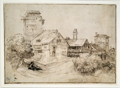 アルプスの村と抱き合う恋人たち（紙にペン＆インク 作： Titian (c.1488 1576) (after)