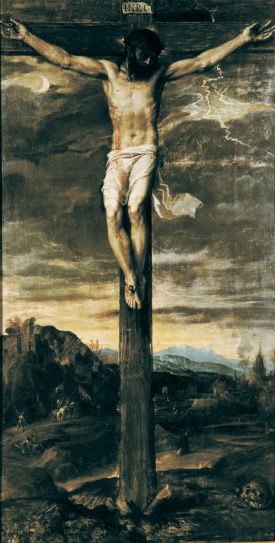 「十字架につけられたキリスト」。 十字架に「印里」の文字 作： Titian (c.1488 1576)