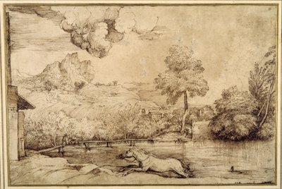 風景：大蛇に追われる乗り物のない馬（クリーム色の紙にペンと茶色のインク 作： Titian (c.1488 1576)