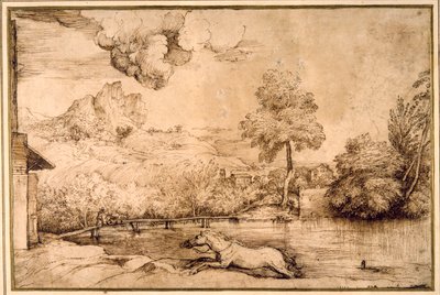 風景：大蛇に追われる乗り物のない馬（クリーム色の紙にペンと茶色のインク 作： Titian (c.1488 1576)
