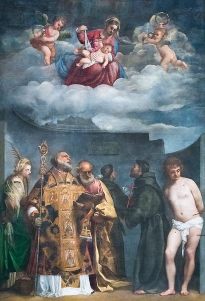 マドンナ ディ サン ニッコロ デイ フラーリとして知られるマドンナと聖人と子 作： Titian (c.1488 1576)