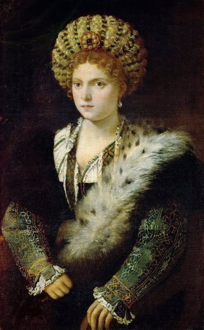 ティツィアーノ（1488-1576）による「イザベラ（イザベル）・デステの肖像」。1535年頃、キャンバスに油彩。寸法：102x64cm。美術史博物館、ヴィエンヌ 作： Titian (c.1488 1576)