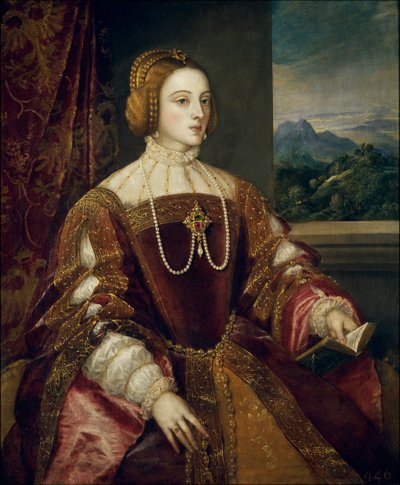 ポルトガル王女イザベラ（1503-1539）の肖像 ティツィアーノ・ヴェチェッリオが描いたティツィアーノ（1485-1576）の肖像 1548年 日1,17x0,98 m マドリッド、プラド美術館 作： Tiziano Vecelli