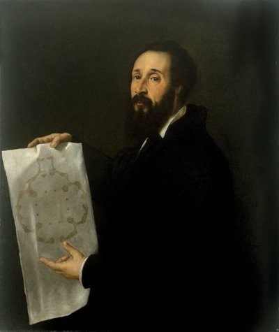 建築家ジュリオ・ピッピ・デ・ジャンヌッツィ（ジュール・ロマーノ）（1499-1546）の肖像 彼はプロジェクトのプランを手にしています。ティツィアーノ・ヴェチェッリオが描いたティツィアーノ（1490-1576）と呼ばれる絵画 1536-1538年 薄暗い。102x87 cm Mantova（マントヴァ）、Museo Civico di 作： Tiziano Vecelli